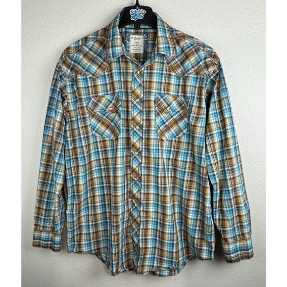Panhandle Rough Stock XL Blue/Brown Plaid With Paisley Cuff Pearl Snap Shirt - Picture 2 of 8